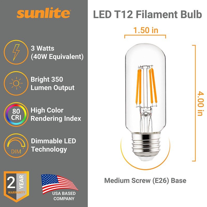 Sunlite LED Filament T12 Tubular Light Bulb, 3 Watts (40W