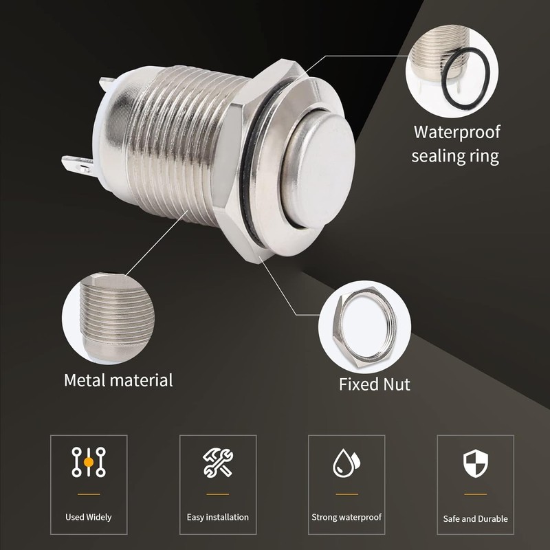 Aurooooa Push Button Switch, On/Off, 0.5 inch (12 mm), Waterproof