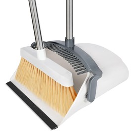Broom and Dustpan, Dustpan and Broom Combo Set,Standing Dustpan Dust Pan with Long Handle 45" for Home Kitchen Room Office Lobby Indoor Outdoor Floor Cleaning,White