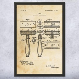 Framed Shaving Razor Print, Bathroom Decor, Shaving Gift, Fashion Wall Art, Barber Gift, Barber Shop Decor, Stylist Gift Vintage Paper (12x16)