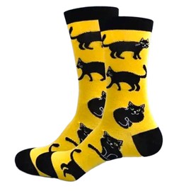 Novelty Cat Socks - Black Cats Design - Yellow Cotton Blend Gift Mens Womans UK Size 5-11 - 1 Pair