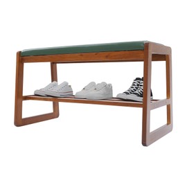 WUSILILU Shoe Bench, Bamboo Shoe Storage Bench Rack with Shelf and Cushion Shoe Organizer Bench for Entryway Hallway Closet Foyer (Nut-Brown + Green)