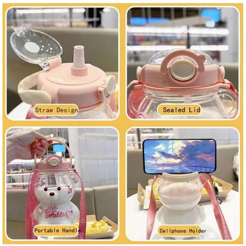 JRIQH Kawaii Bear Straw Bottle,Leak-Proof Water Bottle with Adjustable &
