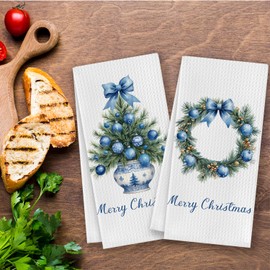 CosxHabitat Blue Chinoiserie Christmas Kitchen Dish Towels, Coquette Preppy Bow Christmas Bauble Tree Wreath Decorative Hand Tea Towels for Bathroom Kitchen, 16x24 Inches Set of 2