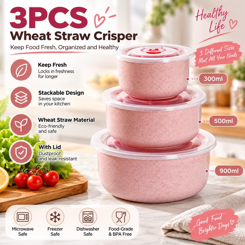 3-Piece Wheat Straw Food Storage Bowl Set for Meal Prep