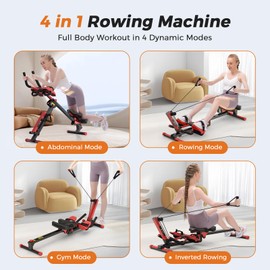 Rowing Machines for Home, 4 in 1 Rowing and Ab Machine with 2 Levels of Workout Resistance, Quiet & Foldable Row Machine with 3 Adjustable Handle Heights & LCD Monitor, Rower Machine for Home (Red)