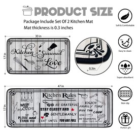 Voanos Kitchen Rugs,Non Skid Washable Microfiber mats for Kitchen Floor, Vintage Farmhouse Kitchen Cushioned Runner Rug Decor Sets of 2,Size 17"x 47"+17"x 30"，Kitchen Rules White