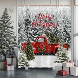 Avezano Merry Christmas Shower Curtain Vintage Red Truck Xmas Winter Snowy Forest Bathroom Shower Curtain Christmas Waterproof Bathtub Curtain Decor with 12 Hooks 72 X 72 Inches