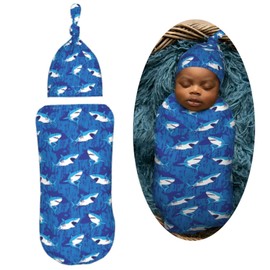 Muishi Blue Sharks Newborn Swaddle Blankets Hat Sets Soft Baby Receiving Blanket Swaddle Sack for Baby Shower Infant Boy Girl Gift