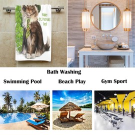 St. Patrick's Day Extra Large Hand Towels Cat Leprechaun Watercolor Clover Shamrock Bath Towel Ultra Soft Highly Absorbent Multipurpose Bathroom Towel for Hand,Face,Gym and Spa Holiday Decor,16x30IN