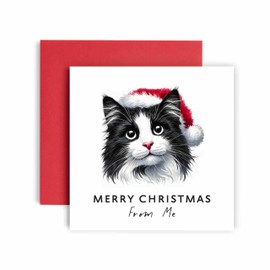 Huxters Christmas Card from the Cat – Black and White Cat Merry Christmas to Cat Mum and Cat Dad – Friends Family First Christmas (Black and White Cat)