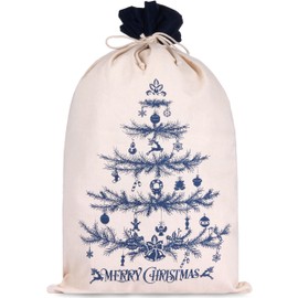 BRUBAKER Christmas Sack Blue Tree - 31.5 Inches Holiday Gift Bag - Cotton Santa Sack with Drawstring for Gift Wrapping - Decorated Christmas Tree Design - Set of 2