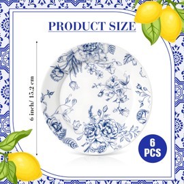 Honeydak 6 Pcs Blue Floral Flower Ceramic Plates Blue and White Porcelain Salad Serving Plate 6 Inch Vintage Dinner Appetizer Dessert Dishes Tableware for Wedding Birthday Tea Party Table Supplies
