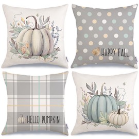 GEEORY Fall Pillow Covers 18 x 18 Inch Set of 4, Striped Buffalo Plaid Polka Dots Pumpkins Leaves Decorative Farmhouse Throw Cushion Cases Indoor Decoration Home Decor for Sofa Couch (Grey)