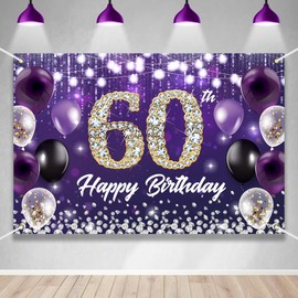 Happy 60th Birthday Backdrop Banner Purple Theme Background with Shiny Diamond Noble Elegant Birthday Party Photo Photography Prop Booth Background for Men Women Celebration 70.8x47.2in-BECKTEN