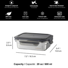 Starfrit LocknLock STEEL - Stainless Steel Container - 20oz/600ml - Airtight & Leakproof - 4-Sided Locking Lid