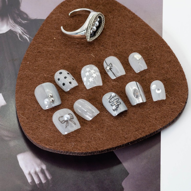 Kokowomite Nails Handmade Nail Tips Short Square Oval Silver White