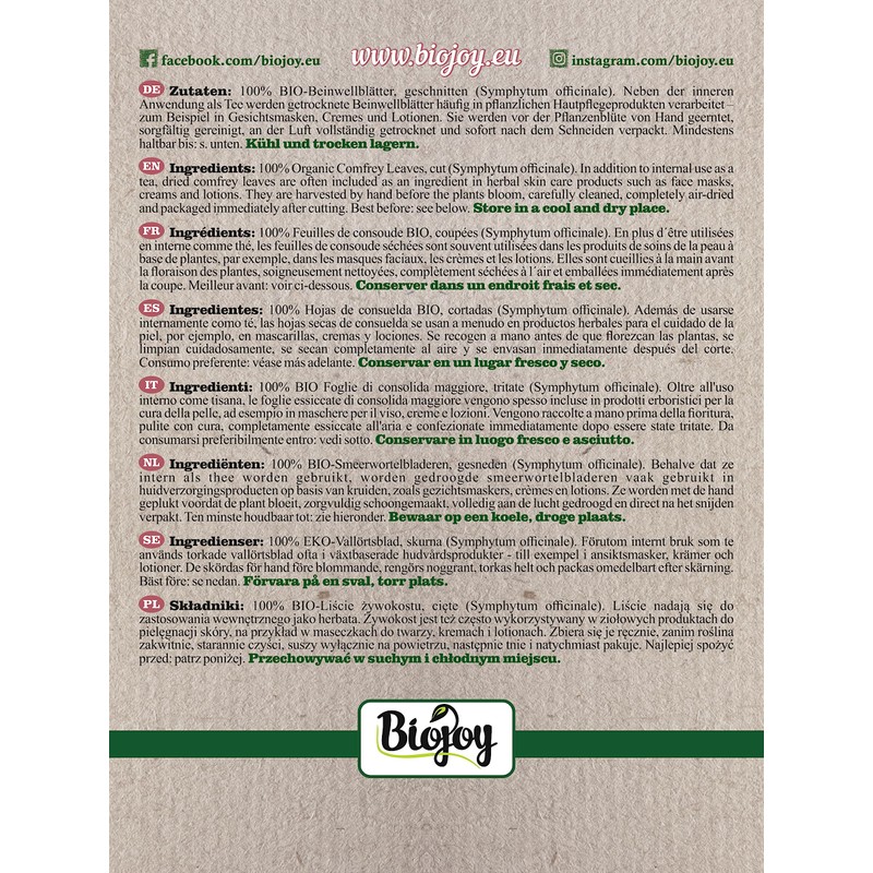 Biojoy Organic Comfrey Tea (500 g), Comfrey Leaves Dried and