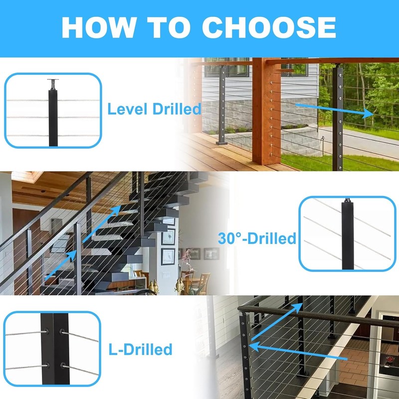 36" Level Drilled Cable Railing Post for Deck Railing,Adjustable Line