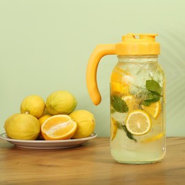 SOLIGT Mason Jar Pitcher with Handle, 64oz Wide Mouth, Airtight & Dishwasher Safe, Cold Brew Coffee Maker Pitcher, Glass Pitcher for Homemade Iced Tea Springtok Drinkware Jugs:_Navy and Yellow