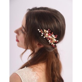 Teyglen Bride Red Rhinestone Wedding Hair Clip Bridal Pearl Crystal Hair Barrette Gold Leaf Headpiece Decorative Hair Accessories for Women (Red)