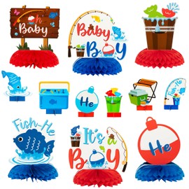 ANGOLIO 12Pcs Gone Fishing Baby Shower Party Centerpieces Gender Reveal Table Topper Honeycomb Party Decorations Summer 3D Fishing Table Decor for Baby Boy Birthday Party Decorations