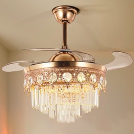 A Million 42" Luxury Crystal Ceiling Fan with Retractable Blades, Reversible Ceiling Fan with 6 Speeds 3 Color Remote Contorl, Silent Motor Lighting Fixture (Gold)