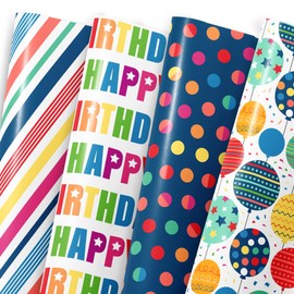 MotiGiftie Birthday Wrapping Paper for Boys Girls Women Men,12 Sheets Gift Wrapping Paper with “Happy Birthday” Polka Dots, Balloons, Colorful Stripes - Holiday Gift Wrap 20×28 Inch