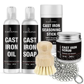 Culina Cast Iron Soap & stick & Conditioning Oil & Stainless Scrubber &Restoring Scrub & brush | All Natural Ingredients | Best for Cleaning, Non-stick Cooking & Restoring | for Cast Iron Cookware