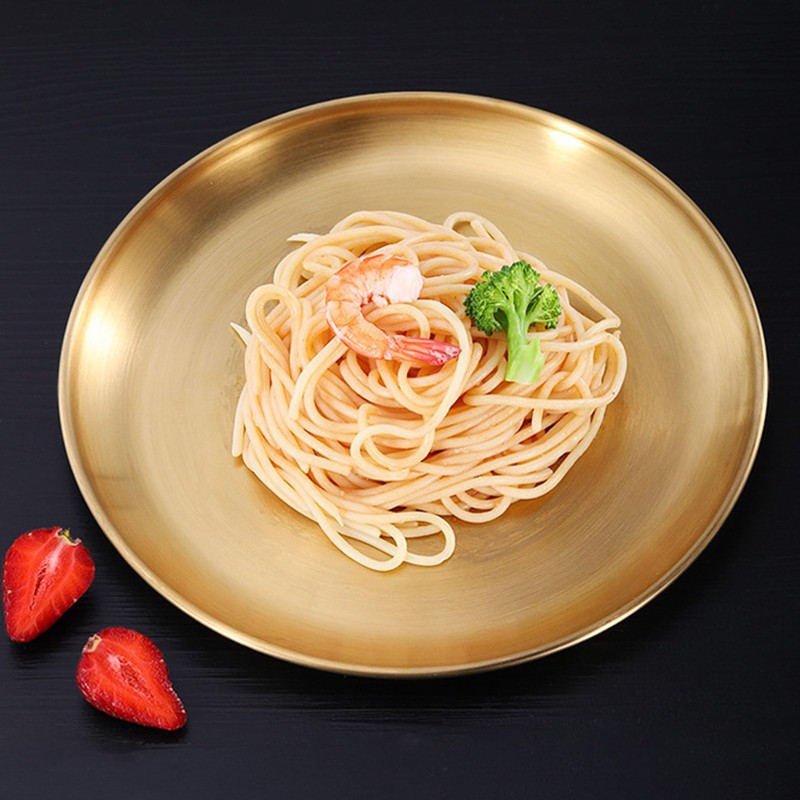Xebslyti Round Stainless Steel Tray Dinner Dishes Plate Gold Decorative