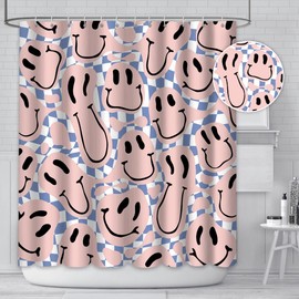 MEHOFOND Retro 70s Pink Smiley Shower Curtain Y2K Hippie Teen Girls Cute Groovy Bathroom Decor Accessory Funky Shower Curtain for Bathroom Decor Set with 12 Hooks 72x72 Inches