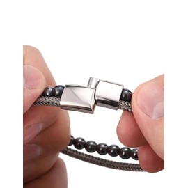 PiercingJak Mens Beaded Bracelets 6mm Hematite Stone Snake Chain Stainless Steel Bracelets for Men Double Layer Braided Wristband Beaded Bangle Jewelry for Men