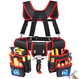 Tool Belt With Suspenders, Heavy Duty Magnetic Tool Belts for Men with 18 Pockets, Tool Belt with Adjustable 32 to 66 Inches Detachable Waist for Electricians, Carpenters, Framers