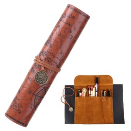 Leather Roll Bag for Pens, Leather Pencil Case, PU Pencil Roll Case, Leather Pencil Case, Multi-Purpose Handmade Pen Bag with Printed Treasure Map for School, Office and Work, brown, leather pen