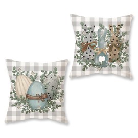 HOMFREEST Easter Pillow Covers 18 x 18 Set of 2 Eggs Bunny Eucalyptus Buffalo Plaid Grey Throw Pillows Spring Easter Cushion Cases for Sofa Couch
