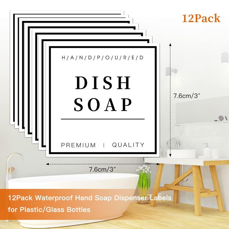12PCS Waterproof Hand Soap Labels for Bottles, Bathroom/Kitchen Hand Soap