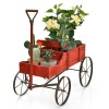 Wooden Wagon Plant Bed with Metal Wheels for Garden Yard