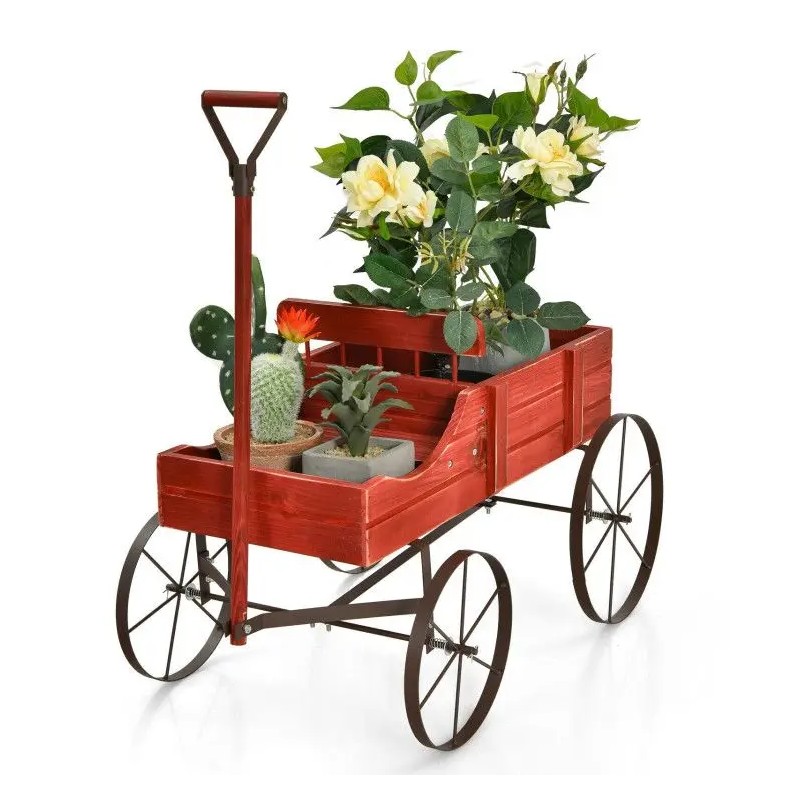 Wooden Wagon Plant Bed with Metal Wheels for Garden Yard