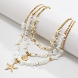 SINLOV Boho Layered Starfish Pendant Necklaces Gold Vintage Shell Collar Necklace Beach Style Choker Necklace Chain for Women Girls