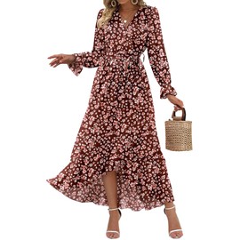 BTFBM Casual Dresses for Women Summer Spring Wrap V Neck Long Sleeve Ruffle Flowy Floral Maxi Boho Wedding Guest Dress(Big Floral Wine Red, X-Large)