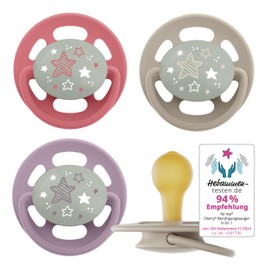 Now even more tooth-friendly: nip Cherry dummy, glow in the dark, flat cherry shaped teat made of natural rubber, breastfeeding-friendly, BPA-free, sustainable, 0-6 months, pack of 4, purple/red