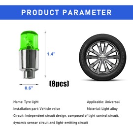 Dickno 8PCS LED Tire Valve Stem Cap Lights, Neon Spoke Flash Light Bulb Tire Valve Lights, Waterproof Car Tire Valve Lights, Cool Neon Spoke Flashing LED Light, Car Motorcycle Accessories (Green)