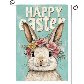 AVOIN colorlife Happy Easter Bunny Garden Flag 12x18 Inch Double Sided Outside, Blue Rustic Holiday Yard Outdoor Flag