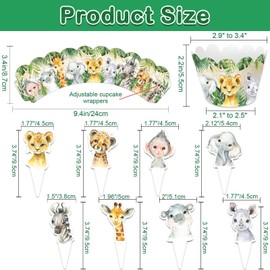96PCS Jungle Safari Baby Shower Cupcake Toppers and Wrappers Set (48 of each), Safari Animals Cupcake Decorations for Boys Kids, Wild One Themed Birthday Party Supplies for Table Decorations