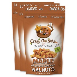 Crazy Go Nuts Walnuts Maple - Glazed Walnuts, Healthy Snacks, Vegan, Low Carb, Gluten Free, Superfood - Natural, Non-GMO, ALA, Omega 3 Fatty Acids, Good Fats, and Antioxidants - 4.5 Oz, 3-Pack