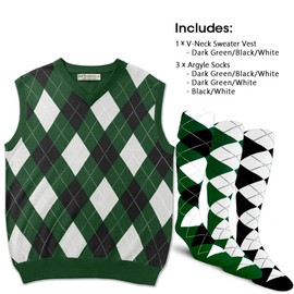 GolfKnickers Argyle Sweater Vest and 3 Sock Set: Mens - Pullover Golf Vest - Dark Green/Black/White - Medium