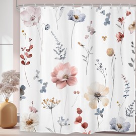 Omifly Watercolor Floral Shower Curtain 72Wx96H Inch Extra Long Pink Flower Spring Leaves Botanic Plant Modern Farmhouse Minimalist with 12 Plastic Hooks Fabric Waterproof Toilet Accessories Decor