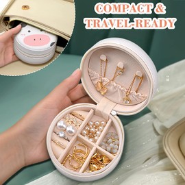 MAYCARI Small Portable Travel Jewellery Box, Cute Cow Pattern Mini Leather Jewellery Box Organiser for Rings Earrings Necklace Bracelets Jewelry Gift for Women Girls Kids Men(White)