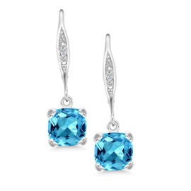 Gem Stone King 7MM Cushion Cut Gemstone Birthstone and White Diamond Drop Dangle Earrings For Women | 925 Sterling Silver | Fine Jewelry Gifts for Her Mom Women Wife