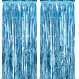 Metallic Tinsel Foil Fringe Backdrop 3.28x6.56ft -Photo Booth Background for Birthday Party Decoration Baby Shower Engagement Wedding Christmas Decoration (Laser Light Blue,5PCS, 3.28 * 8.2ft)